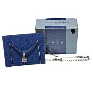 Avon Solitaire Cz Pendant Necklace Silver Tone Chain Jewelry Gift 2002 Box